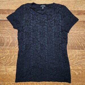 Talbots Women's XS Black Floral Lace Short Sleeve Lined‎ Crew Neck Top F68